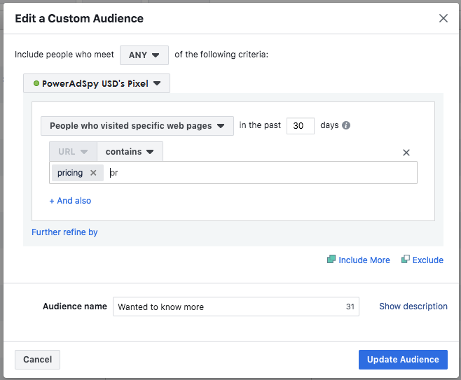 custom group of onlookers based on your Pricing page URL