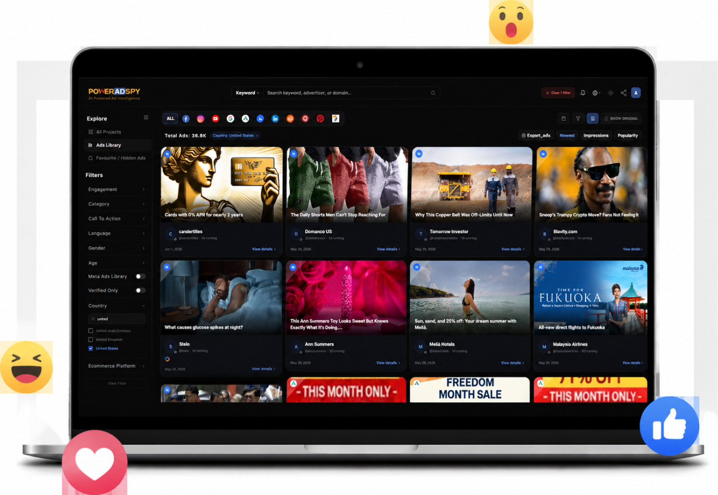 PowerAdSpy Facebook Ad Library dashboard