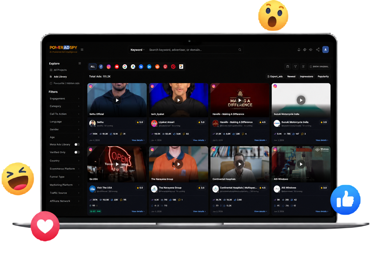 PowerAdSpy dashboard on laptop