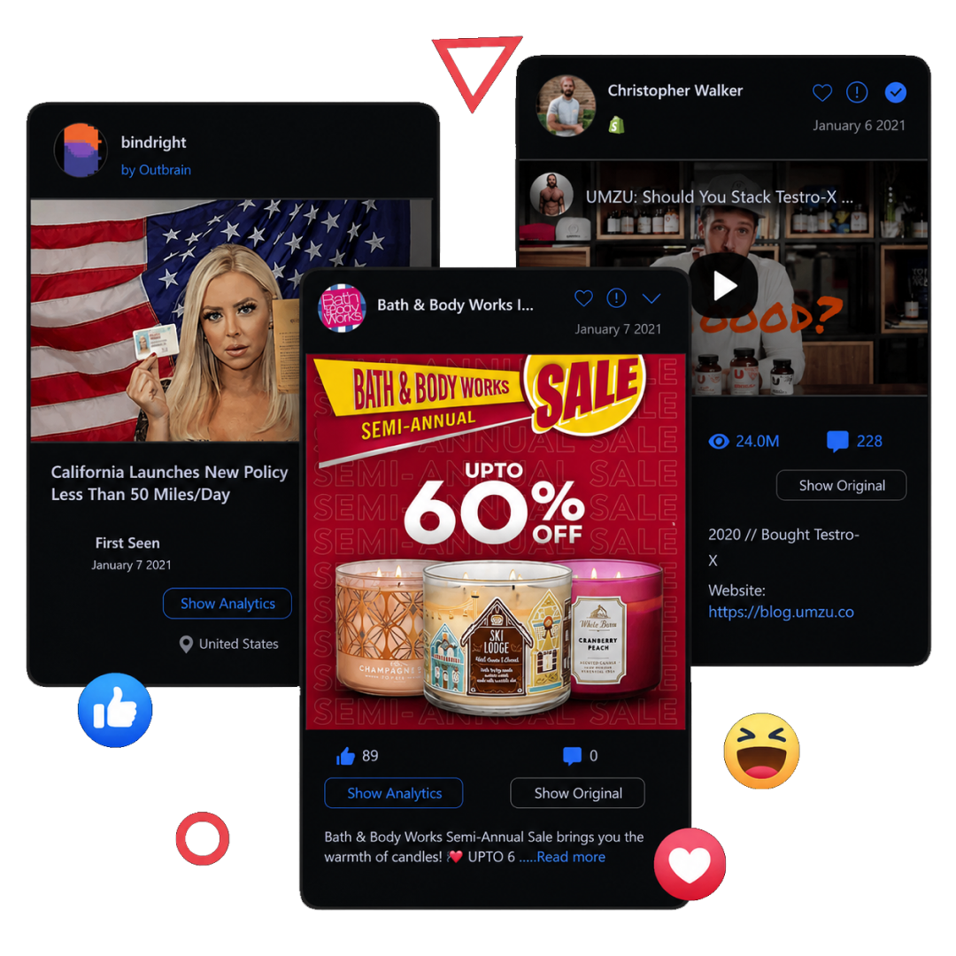 Live and past winning ads across networks