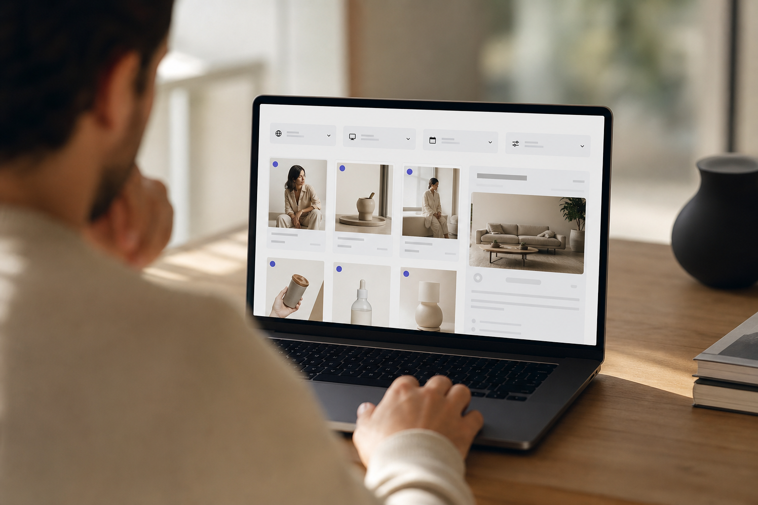 Step-by-step competitor ad search workflow on a laptop screen