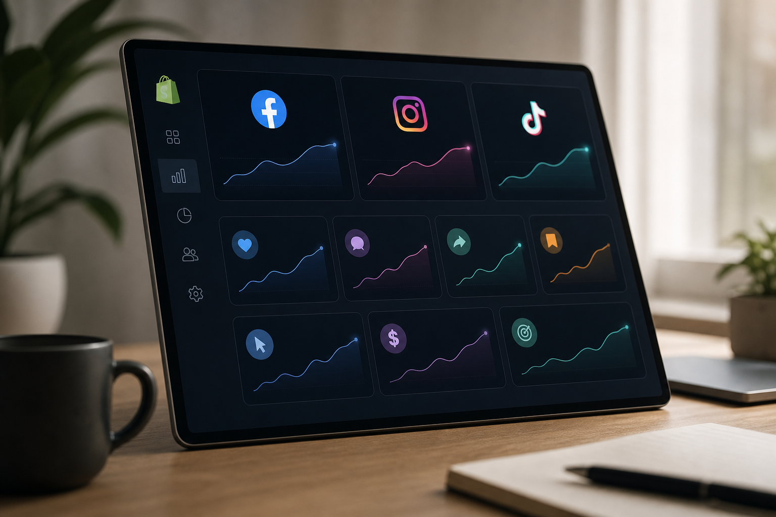 social ad engagement dashboard showing likes, comments, shares, saves, CTR by platform