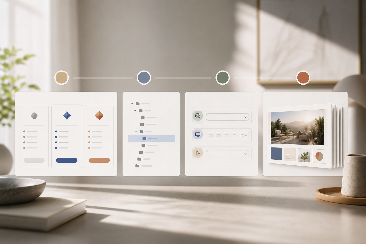 Step-by-step onboarding visual: select plan → set client folders → apply geo/placement/CTA filters → export first competitive report