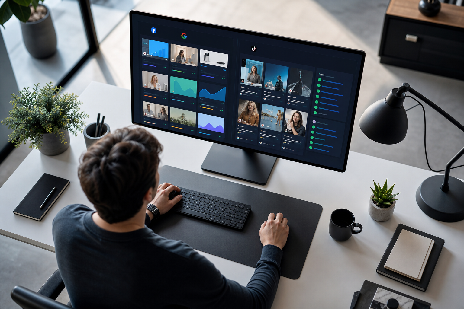 Multi-platform ad intelligence view with filters for domain, keyword, GEO, CTA, and affiliate lander properties