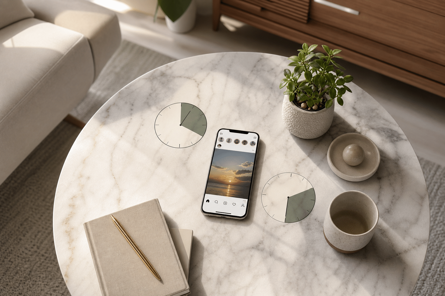 Instagram Saturday timing overview with clocks, phone screens, and a weekend calendar page