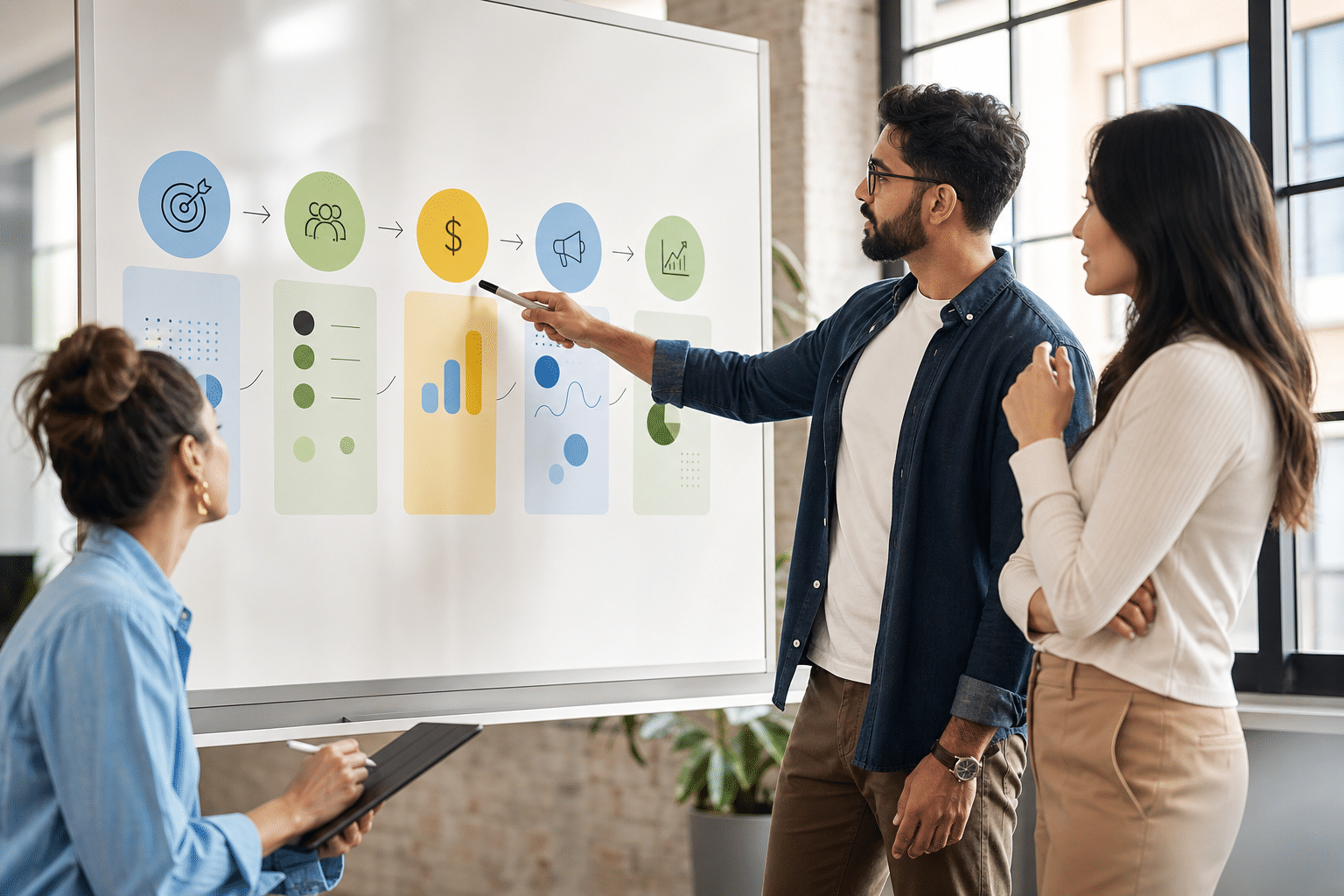 Step-by-step visual showing define platform, set budget, trial, evaluate, decide